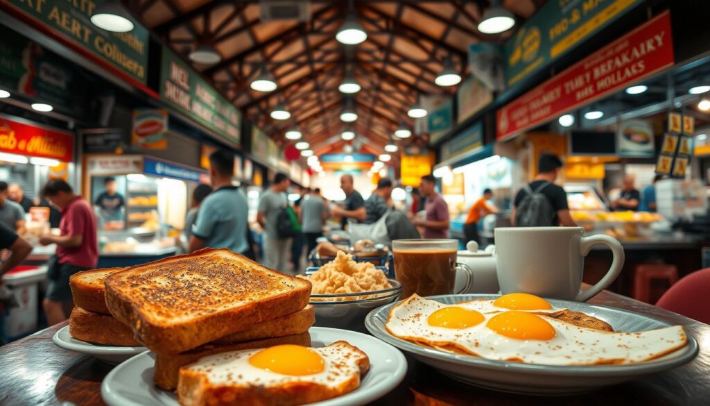 A bustling hawker center in the heart of Singapore, teeming with the tantalizing aromas of traditional Singaporean breakfast dishes. In the foreground, a table laden with fragrant kaya toast, crispy fried eggs, and a steaming cup of robust kopi. The middle ground showcases the lively energy of the bustling stalls, each offering a unique local delicacy, from flaky roti prata to savory nasi lemak. The background is filled with the vibrant colors and patterns of the hawker center's architecture, creating a vibrant and authentic atmosphere. Soft, warm lighting casts a cozy glow over the scene, inviting the viewer to savor the flavors and experience the essence of Singaporean morning culture.