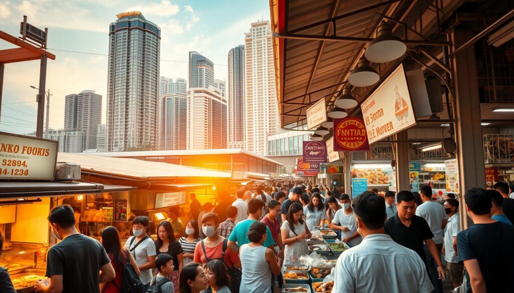 A bustling hawker centre in Singapore, filled with the vibrant sights and tantalizing aromas of an array of local cuisines. Rows of colorful stalls and hawkers serve up mouthwatering dishes, from steaming bowls of laksa to sizzling satay skewers. The scene is bathed in warm, natural lighting, casting a golden glow over the bustling crowd of locals and tourists alike, all eagerly sampling the diverse culinary delights on offer. In the background, the towering skyline of modern high-rises stands as a testament to Singapore's thriving urban landscape, creating a harmonious blend of tradition and modernity. The atmosphere is lively and inviting, capturing the essence of Singapore's world-famous hawker culture.