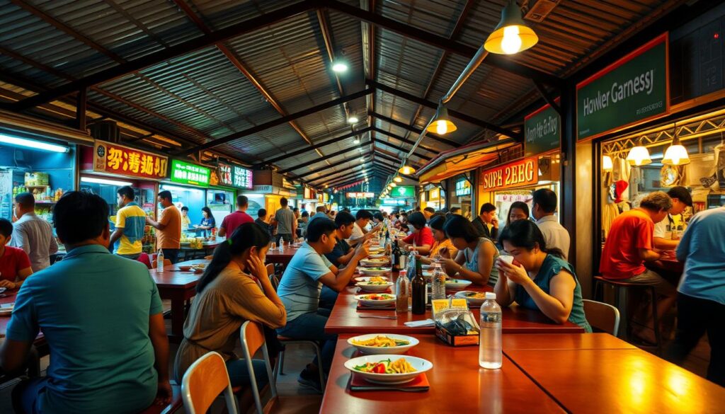A bustling hawker centre, its vibrant stalls beckoning with a symphony of aromas. Neon-lit tables under a canopy of corrugated roofs, where diners savor local delicacies - steaming bowls of laksa, sizzling satay, and fragrant plates of char kway teow. Amid the lively chatter and clinking of cutlery, a sense of community and culinary exploration permeates the air. Warm, diffused lighting casts a cozy glow, while the open-air layout invites a refreshing breeze. This is the authentic, affordable dining experience that captures the essence of Singapore's vibrant food culture.