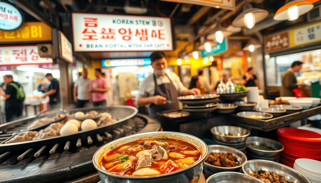 A bustling hawker stall, its charcoal grill sizzling with the aroma of Korean army stew. In the foreground, a steaming bowl of the hearty dish, its rich broth dotted with tender slices of beef, chewy rice cakes, and vibrant vegetables. Beside it, a tray of banchan - the small shared plates that accompany a traditional Korean meal. In the middle ground, the stall's proprietor, wearing a well-worn apron, expertly ladles the stew into waiting bowls. The background showcases the lively scene of the hawker center, with its colorful signage, the hustle and bustle of patrons, and the warm glow of overhead lamps casting a cozy atmosphere. The image conveys the homely charm and authentic flavor of a quintessential Singaporean hawker stall experience.