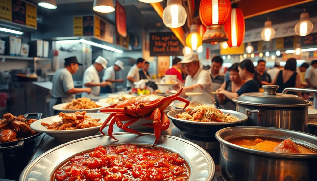 A bustling hawker stall with a vibrant display of Keng Eng Kee's signature zi char dishes. In the foreground, a gleaming plate of chilli crab, its rich, tangy sauce glistening. Surrounding it, an array of other beloved dishes - fragrant fried hokkien mee, crispy-skinned roasted chicken, and a steaming claypot of bubbling seafood. The mid-ground reveals the busy kitchen, chefs deftly wok-frying and plating up orders. In the background, the lively atmosphere of the hawker centre, with patrons eagerly awaiting their turn. Warm, golden lighting casts a cozy glow, capturing the spirit of this iconic Singaporean culinary experience.