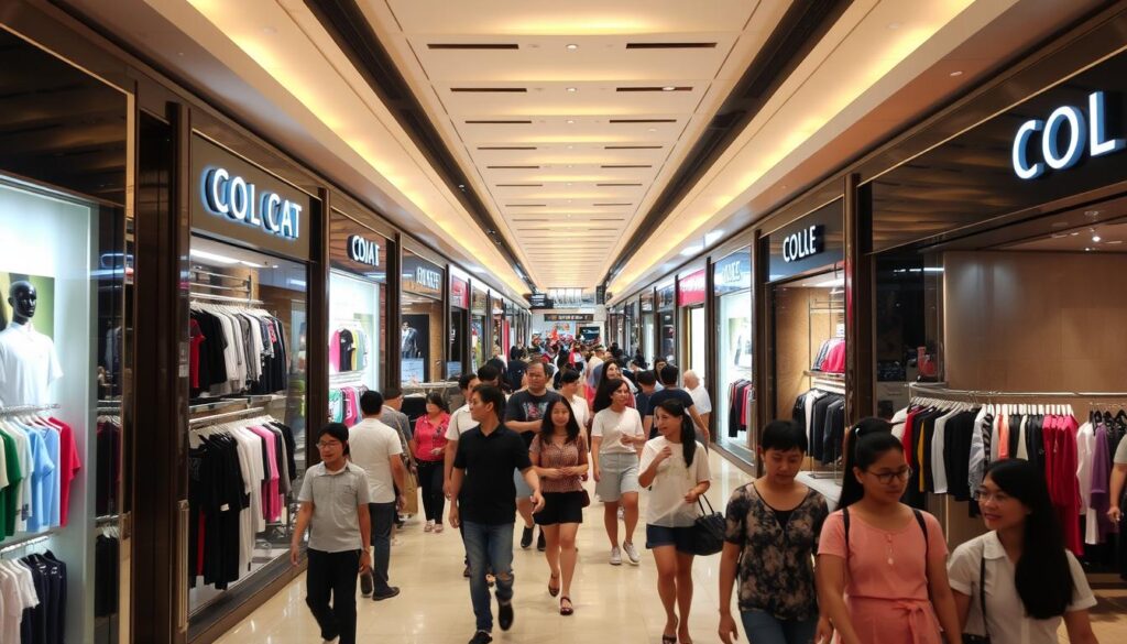 A bustling indoor mall with rows of discounted retail outlets, the IMM Outlet Mall in Singapore presents a lively scene of bargain hunters scouring the aisles. In the foreground, well-lit display windows showcase a diverse array of branded apparel, from casual t-shirts to formal dresses. Shoppers wander the middle-ground, surveying the deals and comparing prices, their expressions conveying a sense of determined delight. In the background, the mall's high ceilings and modern architecture create an atmosphere of spaciousness and efficiency, complemented by warm, diffused lighting that illuminates the bustling activity. An ideal destination for fashionistas seeking quality brands at discounted prices, the IMM Outlet Mall embodies the thrill of the hunt for the best shopping deals.