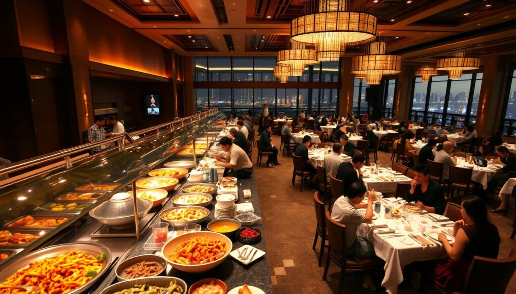 A bustling international buffet dining experience, bathed in warm, inviting lighting. In the foreground, an array of global culinary delights - sizzling stir-fries, fragrant curries, and meticulously crafted sushi. The middle ground features elegantly set tables, with diners from diverse backgrounds savoring the flavors of the world. In the background, a panoramic view of the dining hall, with high ceilings and large windows offering a glimpse of the vibrant cityscape beyond. The atmosphere exudes a sense of cultural exploration, where every plate is a gateway to a new culinary adventure.