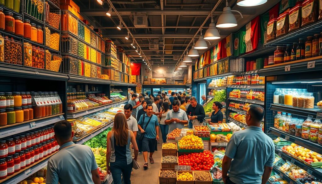 A bustling international supermarket, its shelves brimming with a diverse array of global cuisines. Towering stacks of spice-laden jars, vibrant produce from faraway lands, and the enticing aromas of exotic ingredients waft through the air. Customers browse with eager anticipation, exploring culinary treasures from every corner of the world. Warm, directional lighting illuminates the scene, casting a cozy, inviting atmosphere. The store's layout is meticulously designed, guiding shoppers through a visually striking maze of international delights. In the background, a diverse crowd of shoppers mingle, their excited chatter adding to the lively, multicultural ambiance.