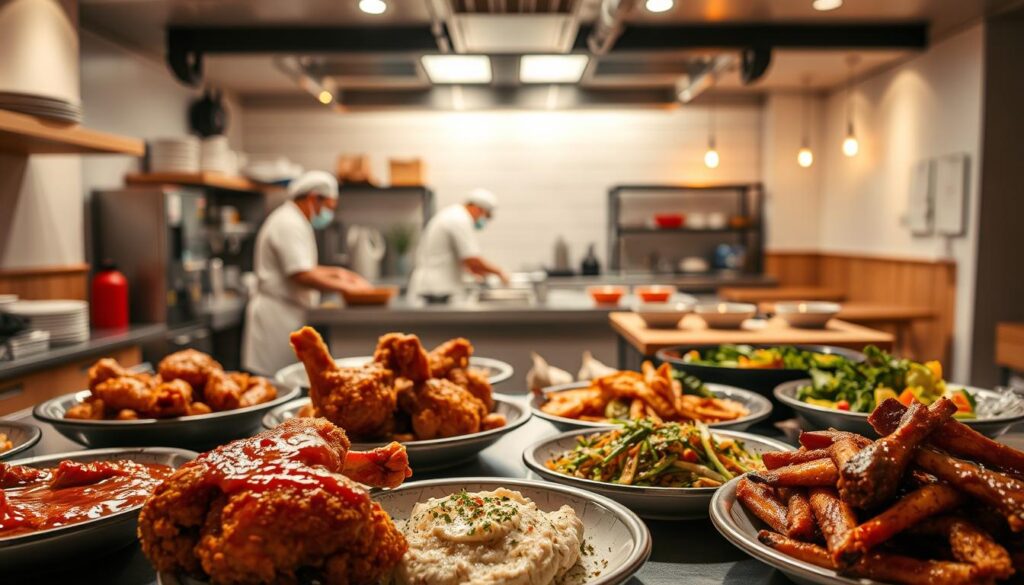A bustling kitchen with a vibrant fusion of cultures, where chefs expertly blend the bold flavors of soul food with the delicate nuances of international cuisines. In the foreground, a tantalizing array of dishes - succulent fried chicken glazed in a sweet and spicy sauce, fluffy biscuits with a hint of garlic, and a creative vegetable medley that defies boundaries. The middle ground showcases an open kitchen, where chefs in crisp white uniforms expertly wield their tools, their movements graceful and purposeful. The background reveals a minimalist dining space, with sleek wooden furnishings and warm lighting that sets the stage for an immersive culinary journey. The overall atmosphere exudes a sense of boundless creativity and a celebration of the diversity that makes this borderless soul food fusion truly unique.