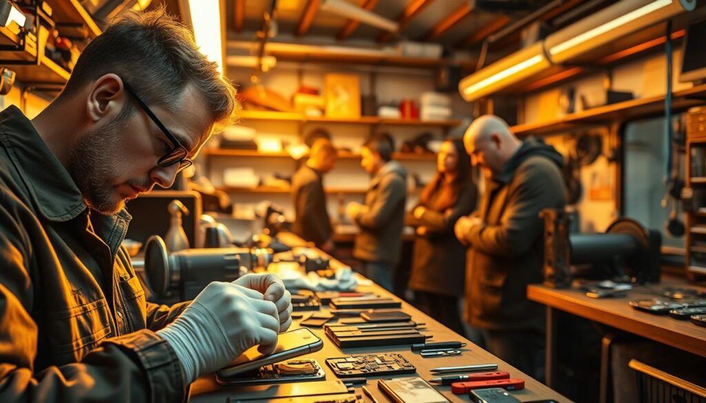 A bustling mobile repair workshop, bathed in warm, golden lighting. In the foreground, a technician meticulously disassembles a smartphone, their nimble fingers working with precision. Shelves in the middle ground display an array of spare parts and tools, hinting at the breadth of their expertise. In the background, a team of skilled specialists attend to a line of customers, discussing solutions and offering advice. An atmosphere of professionalism and care pervades the scene, capturing the essence of a reliable, customer-focused mobile life repair service.