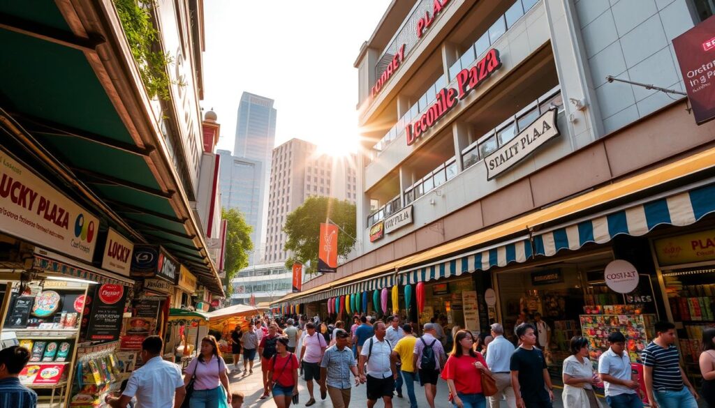 A bustling multi-story shopping center nestled along Orchard Road, the iconic Lucky Plaza stands tall with its distinct architecture. Bright lights and vibrant signage adorn the exterior, inviting visitors to explore the diverse array of shops and stalls within. The sun casts a warm, golden glow across the bustling scene, illuminating the throngs of shoppers navigating the lively concourses. Vendors hawk their wares, their calls mingling with the chatter of bargain-hunters. Colorful awnings and displays spill out onto the sidewalks, creating a vibrant, immersive atmosphere. A sense of energy and excitement permeates the air, capturing the essence of affordable, eclectic shopping on Singapore's renowned Orchard Road.