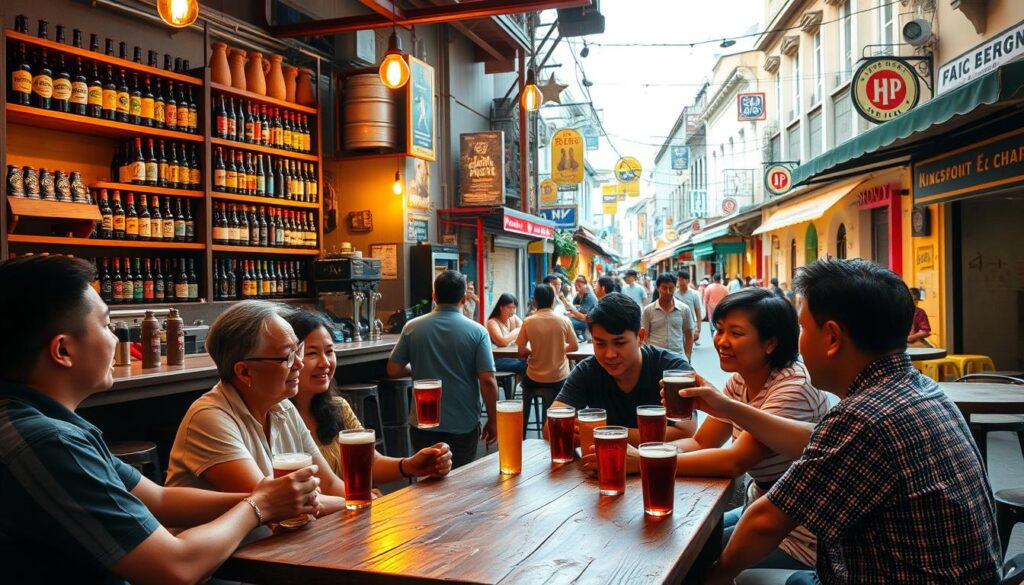 A bustling neighborhood in Singapore, filled with vibrant craft beer bars and taprooms. In the foreground, a group of friends gather around a rustic wooden table, sampling a flight of locally-brewed beers. Warm lighting casts a cozy glow, setting the scene for lively conversation. In the middle ground, shelves behind the bar display an impressive array of craft beer bottles and kegs, reflecting the diverse offerings. Beyond, the streets are lined with charming shophouses, their colorful facades hinting at the eclectic mix of businesses that thrive in this vibrant community. The overall atmosphere is one of relaxed conviviality, where the local craft beer scene has become an integral part of the neighborhood's identity.