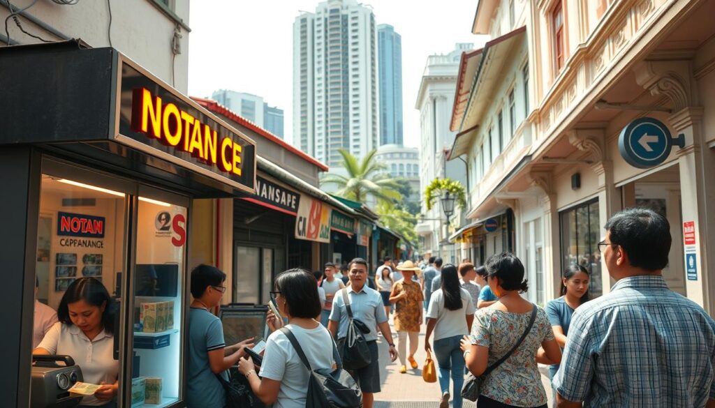 A bustling neighborhood in Singapore, sun-drenched streets lined with quaint shophouses. In the foreground, a small currency exchange kiosk, its neon sign casting a warm glow. Customers queue patiently, exchanging foreign bills for local Singapore dollars, a seamless transaction. In the middle ground, passersby stroll by, their reflections visible in the shop's glass windows. The background features a mix of traditional architecture and modern skyscrapers, creating a vibrant, cosmopolitan atmosphere. Warm, diffused lighting bathes the scene, evoking a sense of comfort and efficiency in this essential financial service.