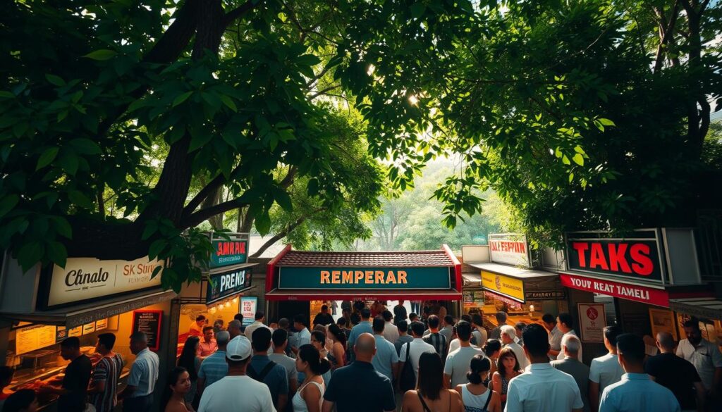 A bustling open-air food court in Singapore, sunlight streaming through the lush greenery overhead. At the center, five prominent restaurants stand out, their facades adorned with vibrant signage. Patrons queue eagerly, anticipating the rich, aromatic beef rendang simmering within. High-angle shot captures the dynamic scene, showcasing the diverse culinary landscape that defines Singapore's top rendang destinations. Warm, saturated tones evoke the comforting flavors, while a sense of energy and anticipation permeates the frame. The image embodies the essence of the article's subject - the ultimate beef rendang experience in the heart of the city.