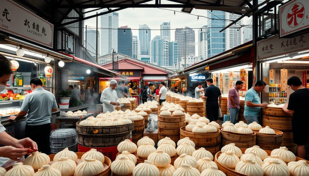 A bustling open-air hawker center filled with the aroma of freshly steamed buns. In the foreground, nimble hands shape and fold delicate dough into pillowy baos, each one a work of edible art. The middle ground showcases an array of bao vendors, their stalls adorned with traditional Chinese motifs and the steam from their bamboo steamers billowing into the air. In the background, a vibrant cityscape of shophouses and skyscrapers provides a distinctive Singaporean backdrop, hinting at the multicultural influences that have shaped this iconic street food. Soft, diffused lighting casts a warm, inviting glow over the entire scene, capturing the timeless allure of these handcrafted bao delights.