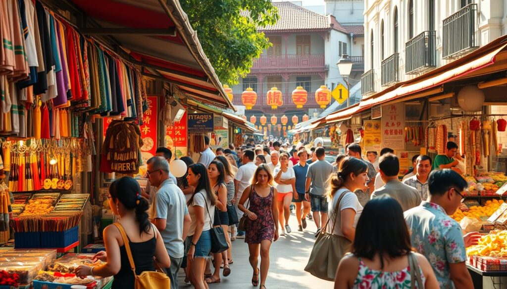 A bustling open-air market in Singapore's Chinatown, filled with vibrant stalls offering an array of budget-friendly goods. Warm, natural lighting illuminates the scene, casting a golden glow over the vendors' wares - colorful textiles, handcrafted trinkets, and an assortment of local snacks. In the foreground, shoppers haggle good-naturedly with shopkeepers, while the middle ground showcases an eclectic mix of shoppers browsing the stalls. The background is anchored by the iconic shophouses and historical architecture that define the Chinatown neighborhood, creating a distinctly Singaporean atmosphere.