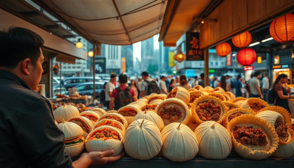 A bustling open-air market in a modern Asian city, with stalls showcasing an array of innovative bao creations. In the foreground, a vendor presents an assortment of buns, their shapes and fillings showcasing bold new flavors and textures - from fluffy steamed buns with colorful vegetable-based doughs to crisp-edged fried bao bursting with savory meat and aromatic spices. In the middle ground, customers browse the stalls, marveling at the creative bao displays, while the background features a vibrant cityscape of sleek high-rises and bustling street life. Warm, diffused lighting casts a golden glow, highlighting the artistry and craftsmanship of these modern bao masterpieces.