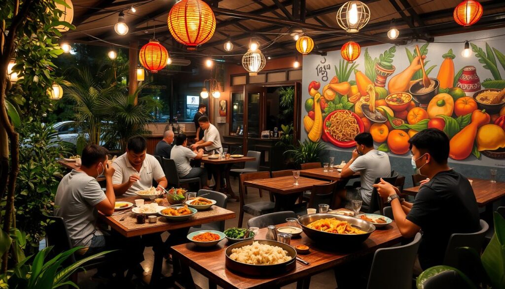 A bustling open-air restaurant tucked away in the heart of East Singapore, the warm glow of lanterns and string lights illuminating the scene. Wooden tables and chairs set amidst lush greenery, the aroma of sizzling local delicacies wafting through the air. In the foreground, a group of friends sharing a feast of steaming rice dishes, aromatic curries, and colorful stir-fries. The middle ground showcases a chef meticulously preparing a wok-fried noodle dish, his movements fluid and practiced. In the background, a vibrant mural depicting the diverse cultures and flavors of Singapore's culinary heritage. An intimate, immersive experience that captures the essence of authentic Asian dining.
