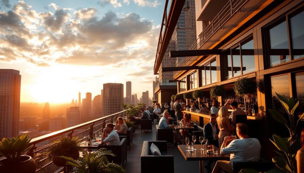 A bustling rooftop bar nestled in the heart of the financial district, overlooking the city's iconic skyscrapers and skyline. The scene is bathed in a warm, golden glow as the sun sets, casting a soft, ethereal light across the outdoor terrace. Lush greenery and sleek, modern furnishings create a sophisticated ambiance, while the panoramic views of the cityscape provide a breathtaking backdrop. Patrons sip craft cocktails and enjoy the vibrant atmosphere, surrounded by the pulsing energy of the business district below. A bustling rooftop bar nestled in the heart of the financial district, overlooking the city's iconic skyscrapers and skyline. The scene is bathed in a warm, golden glow as the sun sets, casting a soft, ethereal light across the outdoor terrace. Lush greenery and sleek, modern furnishings create a sophisticated ambiance, while the panoramic views of the cityscape provide a breathtaking backdrop. Patrons sip craft cocktails and enjoy the vibrant atmosphere, surrounded by the pulsing energy of the business district below.