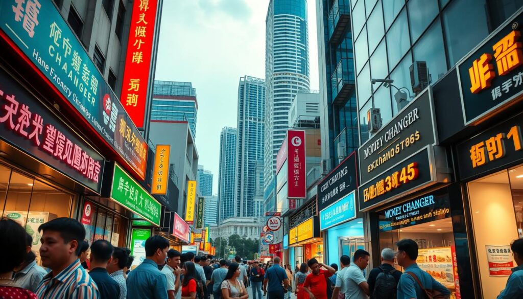 A bustling scene in the heart of Singapore's financial district, with a row of well-lit money changers showcasing their vibrant signage and exchange rates. In the foreground, customers queue patiently, their faces illuminated by the warm glow of the changers' displays. The middle ground features the storefront facades, each distinctive in design, conveying a sense of professionalism and trustworthiness. In the background, skyscrapers and high-rise buildings rise, creating a dynamic urban landscape. The overall atmosphere is one of efficiency, precision, and a relentless pursuit of the best possible exchange rates for travelers and locals alike.