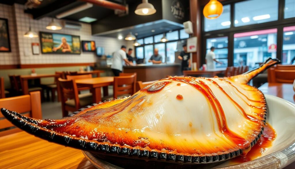 A bustling seafood restaurant in Pasir Panjang, Singapore, Xin Fu Ji Seafood serves up generous portions of sizzling, grilled stingray. Captured in a warm, inviting atmosphere, the image showcases the restaurant's lively ambiance, with wooden tables and chairs set against a backdrop of tiled walls and pendant lighting. In the foreground, a tantalizing plate of the signature stingray dish takes center stage, its charred edges and succulent white flesh drizzled with a sweet, savory sauce. The middle ground features the busy kitchen, where chefs expertly prepare the fresh seafood. In the background, a glimpse of the vibrant Pasir Panjang neighborhood can be seen through the restaurant's large windows, hinting at the bustling energy that surrounds this beloved local gem.