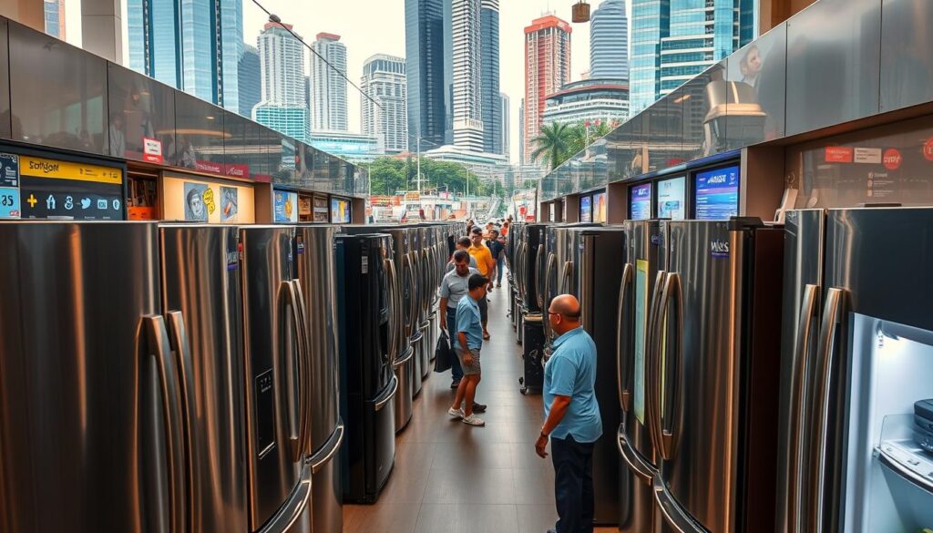 A bustling shopping district in Singapore, filled with sleek and modern refrigerator showrooms. The foreground features a diverse array of refrigerator models, their stainless steel and glossy finishes gleaming under the warm, diffused lighting. In the middle ground, customers browse the selections, examining features and comparing prices. The background showcases the vibrant cityscape, with towering skyscrapers and bustling traffic, creating a sense of urban energy and opportunity. The composition is balanced, with the refrigerators taking center stage, and the surrounding environment providing context and atmosphere. The overall mood is one of efficiency, modernity, and the promise of finding the perfect refrigerator for one's home or business.