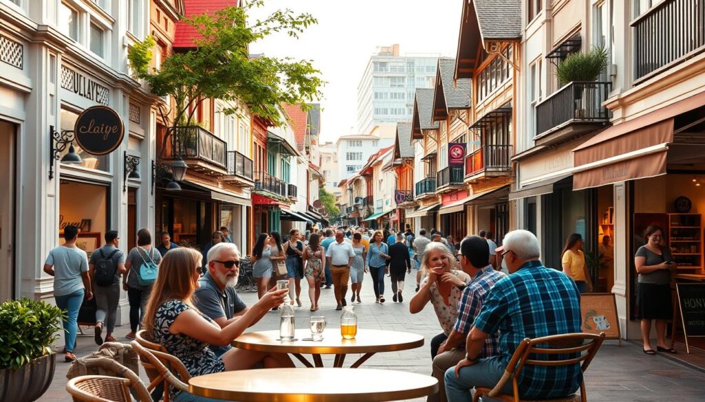 A bustling street in Holland Village, Singapore, lined with quaint shops and cafes. In the foreground, a group of expats casually sip coffee and chat at an outdoor table, their casual attire and relaxed demeanor conveying a sense of comfort and community. The middle ground features locals and tourists browsing the colorful storefronts, while the background showcases the distinctive architecture of the neighborhood - a blend of colonial-era buildings and modern, trendy developments. The scene is bathed in warm, golden afternoon light, creating a cozy, inviting atmosphere that captures the essence of the expat-friendly Holland Village lifestyle.