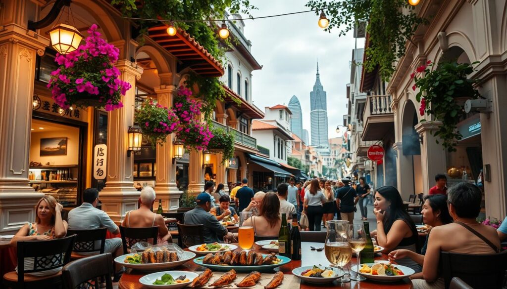 A bustling street in Singapore's Chinatown, with vibrant facades of traditional Greek restaurants lining the sidewalks. Ornate columns, terracotta roofs, and vibrant bougainvillea plants create a Mediterranean ambiance. Patrons dine alfresco, savoring authentic Greek dishes under the warm glow of string lights. In the foreground, a table laden with grilled meats, fresh salads, and pitchers of chilled wine invites exploration. The middle ground features a lively crowd of diners, while the background showcases the iconic Singaporean skyline, blending the old-world charm of Greece with the modern cityscape. Captured with a wide-angle lens, this image conveys the quintessential experience of discovering the best Greek restaurants in Singapore.