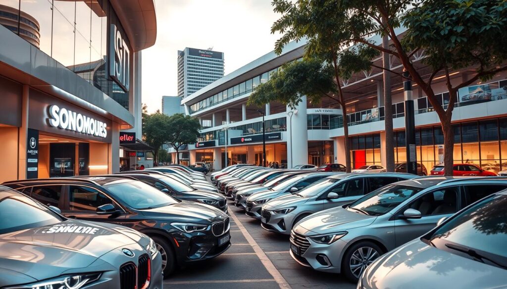 A bustling street in Singapore's central business district, showcasing a diverse range of car dealerships. In the foreground, a modern showroom with gleaming new luxury vehicles on display, bathed in warm, soft lighting. The middle ground features a family-owned used car lot, with a variety of well-maintained pre-owned models arranged neatly. In the background, a large, state-of-the-art dealership complex with sleek, contemporary architecture and a fleet of the latest vehicle models. The scene captures the vibrant, dynamic car sales industry that caters to the discerning Singaporean clientele, ranging from high-end luxury brands to affordable, reliable options.