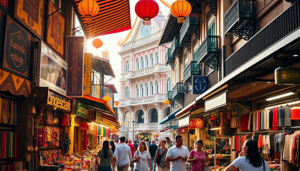 A bustling street in Singapore's cultural shopping district, illuminated by warm, golden sunlight filtering through the colorful awnings and lanterns overhead. Vibrant shopfronts display intricate textiles, handcrafted accessories, and ethnic apparel, inviting passersby to explore the diverse array of local and traditional wares. In the middle ground, pedestrians weave between open-air stalls, haggling with vendors and immersing themselves in the lively atmosphere. The background features the iconic architecture of Singapore's heritage buildings, their ornate facades and intricate designs serving as a stunning backdrop to this dynamic commercial hub.