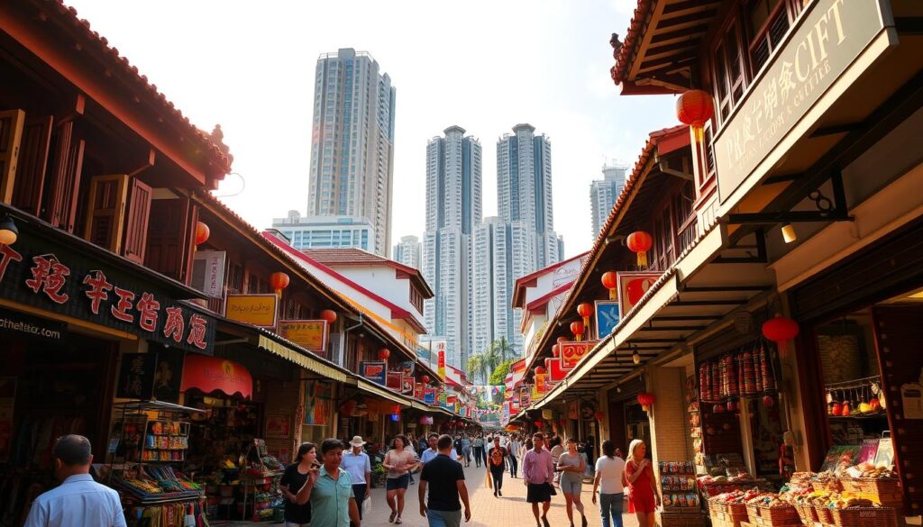 A bustling street in Singapore's vibrant Chinatown, lined with colorful shop houses, lanterns, and traditional signage. In the foreground, shoppers browse an array of exotic goods - handcrafted textiles, intricate trinkets, and fragrant spices. A kaleidoscope of cultures unfolds, with street vendors offering local delicacies and artisans showcasing their wares. Warm sunlight filters through the shopfronts, casting a soft, golden glow over the scene. The middle ground features a mix of modern and historic architecture, blending seamlessly. In the background, towering skyscrapers rise, creating a striking contrast between the old and new. An atmosphere of cultural exploration and discovery permeates the air, inviting visitors to immerse themselves in the unique shopping experience.