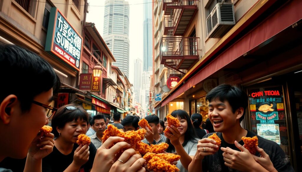 A bustling street in Singapore's vibrant Chinatown, the air alive with the sizzle of Korean-style fried chicken. In the foreground, a cluster of diners eagerly devour golden-brown, crispy pieces, their faces alight with delight. In the middle ground, the restaurant's neon-lit storefront stands out against a backdrop of traditional shophouses and towering skyscrapers, reflecting the fusion of old and new. Warm, golden lighting bathes the scene, creating a cozy, inviting atmosphere as locals and tourists alike revel in this culinary revolution, savoring the perfect balance of savory, crunchy, and tangy flavors that have captivated the city.