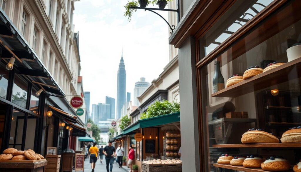 A bustling street in Singapore's vibrant city center, with a row of cozy, artisanal bakeries showcasing their signature scones in the storefront windows. Warm, buttery aromas waft through the air, luring passersby to step inside and indulge. Soft, flaky scones, adorned with tempting toppings like fresh berries, lemon curd, and clotted cream, are displayed on rustic wooden shelves. The bakeries' interiors exude a charming, vintage ambiance, with natural lighting filtering through large windows, highlighting the skilled bakers at work. In the background, the iconic Singapore skyline provides a stunning backdrop, creating a harmonious blend of modern and traditional elements.