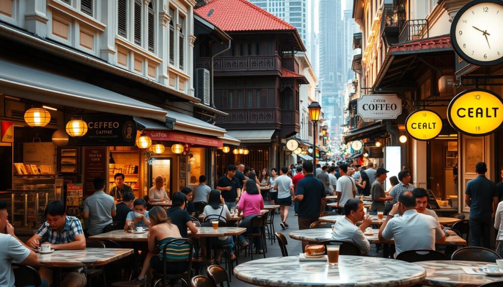 A bustling street in old Singapore, lined with iconic coffee shops bathed in warm, golden light. In the foreground, patrons gather around marble-topped tables, sipping rich, aromatic brews and savoring traditional kaya toast. In the middle ground, the classic architecture of the shophouses stands tall, with intricate facades and overhanging second stories. In the background, the vibrant hustle and bustle of the city creates an atmospheric energy, as locals and tourists alike immerse themselves in the legendary coffee culture that has defined this island nation for generations.