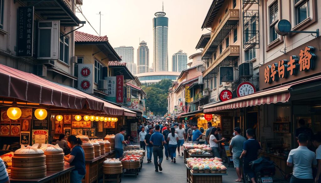 A bustling street in the heart of Singapore, lined with vibrant shop houses and bustling with locals and tourists alike. In the foreground, a collection of traditional rice dumpling vendors, their stalls adorned with intricate bamboo steamers and colorful packaging. The middle ground features a mix of street-side eateries and specialty stores, their facades adorned with ornate signage and cultural motifs. In the background, the iconic skyline of Singapore's modern architecture rises, creating a striking contrast between the old and the new. Warm, diffused lighting casts a cozy glow over the scene, highlighting the vibrant colors and lively atmosphere. The overall composition captures the essence of Singapore's rich culinary heritage and the enduring popularity of its beloved rice dumplings.