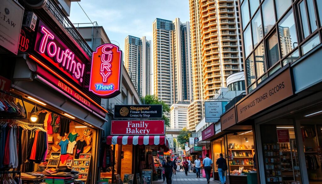 A bustling street in the heart of Singapore, showcasing the vibrant array of specialty shops. In the foreground, a vibrant neon sign illuminates the entrance to a quirky thrift store, its eclectic wares spilling out onto the sidewalk. In the middle ground, a family-owned bakery emits the alluring scent of freshly baked treats, while a nearby artisanal craft shop displays handmade trinkets and accessories. The background is a tapestry of towering skyscrapers, casting a warm, golden glow over the scene, creating an atmosphere of urban exploration and discovery. The image conveys the energy and diversity of Singapore's specialty shopping landscape, inviting the viewer to immerse themselves in the unique, locally-sourced offerings.