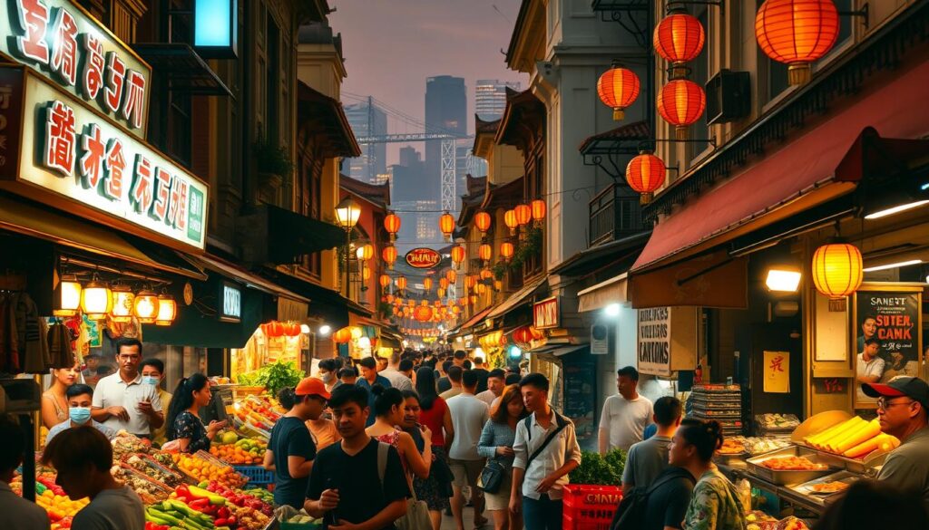 A bustling street scene in Chinatown, Singapore, illuminated by warm, golden lighting. In the foreground, a vibrant display of colorful produce, steaming street food stalls, and lively crowds navigating the bustling market. In the middle ground, traditional Chinese shop houses and lanterns lining the narrow alleyways, creating an immersive atmosphere. In the background, a glimpse of the iconic Singapore skyline, hinting at the city's rich cultural fusion. The image captures the energy, aroma, and authentic experience of a Chinatown food adventure, inviting the viewer to explore and discover the hidden culinary gems of this vibrant neighborhood. A bustling street scene in Chinatown, Singapore, illuminated by warm, golden lighting. In the foreground, a vibrant display of colorful produce, steaming street food stalls, and lively crowds navigating the bustling market. In the middle ground, traditional Chinese shop houses and lanterns lining the narrow alleyways, creating an immersive atmosphere. In the background, a glimpse of the iconic Singapore skyline, hinting at the city's rich cultural fusion. The image captures the energy, aroma, and authentic experience of a Chinatown food adventure, inviting the viewer to explore and discover the hidden culinary gems of this vibrant neighborhood.