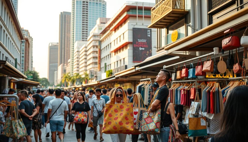 A bustling street scene in Singapore, showcasing a vibrant array of local brands and design products. In the foreground, a diverse selection of colorful, uniquely-designed shopping bags and totes are prominently displayed on stalls, hinting at the rich variety of local designs. In the middle ground, people of various ages and backgrounds browse the stalls, admiring the handcrafted products, clothing, and accessories. The background features a blend of modern and heritage architecture, creating a distinctive Singaporean cityscape bathed in warm, golden natural lighting. An atmosphere of lively exploration and discovery pervades the scene, inviting viewers to immerse themselves in the vibrant local shopping experience. A bustling street scene in Singapore, showcasing a vibrant array of local brands and design products. In the foreground, a diverse selection of colorful, uniquely-designed shopping bags and totes are prominently displayed on stalls, hinting at the rich variety of local designs. In the middle ground, people of various ages and backgrounds browse the stalls, admiring the handcrafted products, clothing, and accessories. The background features a blend of modern and heritage architecture, creating a distinctive Singaporean cityscape bathed in warm, golden natural lighting. An atmosphere of lively exploration and discovery pervades the scene, inviting viewers to immerse themselves in the vibrant local shopping experience.