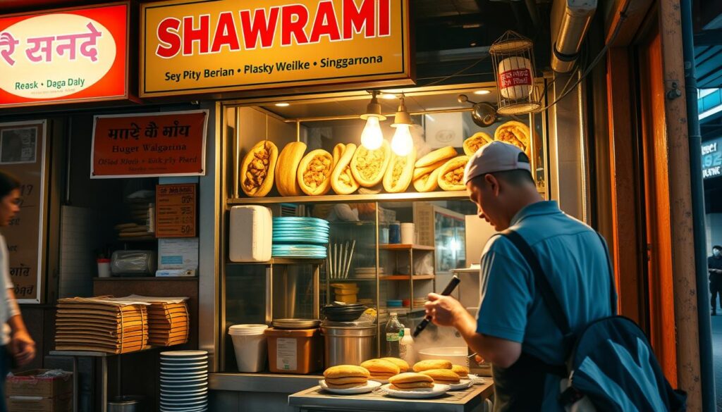 A bustling street scene in Singapore, with a humble but inviting shawarma shop at the center. The shop's exterior is adorned with vibrant signage and simple furnishings, reflecting its budget-friendly nature. Inside, the aroma of sizzling meat and warm pita bread fills the air, drawing in passersby. A skilled chef expertly slices and assembles the shawarma, assembling a delicious and satisfying meal. The image is bathed in warm, natural lighting, capturing the lively atmosphere of the neighborhood. The overall impression is one of authentic, accessible, and mouthwatering shawarma, perfect for those seeking a budget-friendly taste of Singaporean cuisine. A bustling street scene in Singapore, with a humble but inviting shawarma shop at the center. The shop's exterior is adorned with vibrant signage and simple furnishings, reflecting its budget-friendly nature. Inside, the aroma of sizzling meat and warm pita bread fills the air, drawing in passersby. A skilled chef expertly slices and assembles the shawarma, assembling a delicious and satisfying meal. The image is bathed in warm, natural lighting, capturing the lively atmosphere of the neighborhood. The overall impression is one of authentic, accessible, and mouthwatering shawarma, perfect for those seeking a budget-friendly taste of Singaporean cuisine.