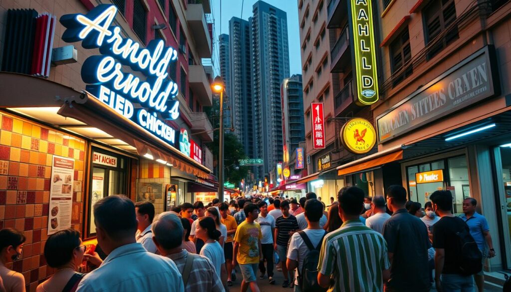 A bustling street scene in Singapore, with the iconic neon sign of "Arnold's Fried Chicken" illuminating the foreground. The restaurant's façade, adorned with retro-style tiles and a classic awning, stands as a testament to its long-standing history as a local pioneer in the fast-food industry. Customers queue eagerly, their expressions filled with anticipation, while the aroma of freshly fried chicken wafts through the air. In the middle ground, the surrounding buildings and vibrant street life create a lively, urban atmosphere, captured through a wide-angle lens that emphasizes the sense of place. The scene is bathed in warm, golden-hour lighting, casting a cozy glow over the entire composition and evoking a nostalgic, homely ambiance.