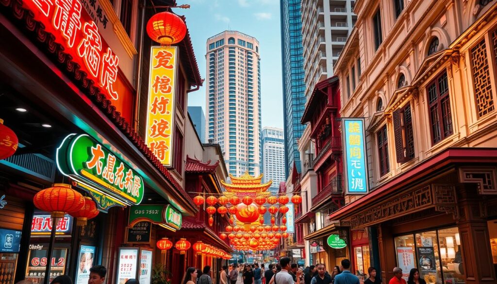 A bustling street scene in Singapore's vibrant Chinatown, showcasing the best of its exceptional Chinese cuisine. In the foreground, the vibrant neon signs and colorful lanterns of traditional restaurants entice passersby. Middle ground features elaborately decorated facades, with intricate architectural details and intricate carvings. In the background, a blend of modern and heritage buildings creates a captivating cityscape. Warm, golden lighting bathes the scene, evoking a cozy, inviting atmosphere. A sense of cultural fusion and culinary diversity permeates the image, capturing the essence of Singapore's renowned Chinese food scene.