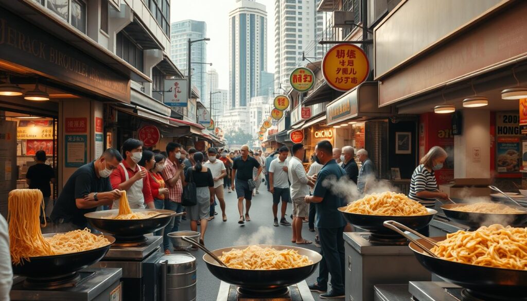A bustling street scene of the top fried vermicelli stalls in a vibrant Singaporean hawker center. In the foreground, vendors toss noodles in woks over sizzling flames, steam rising into the air. Customers queue patiently, anticipating the aromatic mix of garlic, shallots, and soy. In the middle ground, the stalls' colorful signage and bustling activity capture the energy of a thriving local food culture. The background features a mix of shophouses and towering buildings, casting soft, warm lighting across the scene. An atmospheric composition that evokes the nostalgia and deliciousness of Singapore's beloved "bee hoon" noodle stalls. A bustling street scene of the top fried vermicelli stalls in a vibrant Singaporean hawker center. In the foreground, vendors toss noodles in woks over sizzling flames, steam rising into the air. Customers queue patiently, anticipating the aromatic mix of garlic, shallots, and soy. In the middle ground, the stalls' colorful signage and bustling activity capture the energy of a thriving local food culture. The background features a mix of shophouses and towering buildings, casting soft, warm lighting across the scene. An atmospheric composition that evokes the nostalgia and deliciousness of Singapore's beloved "bee hoon" noodle stalls.