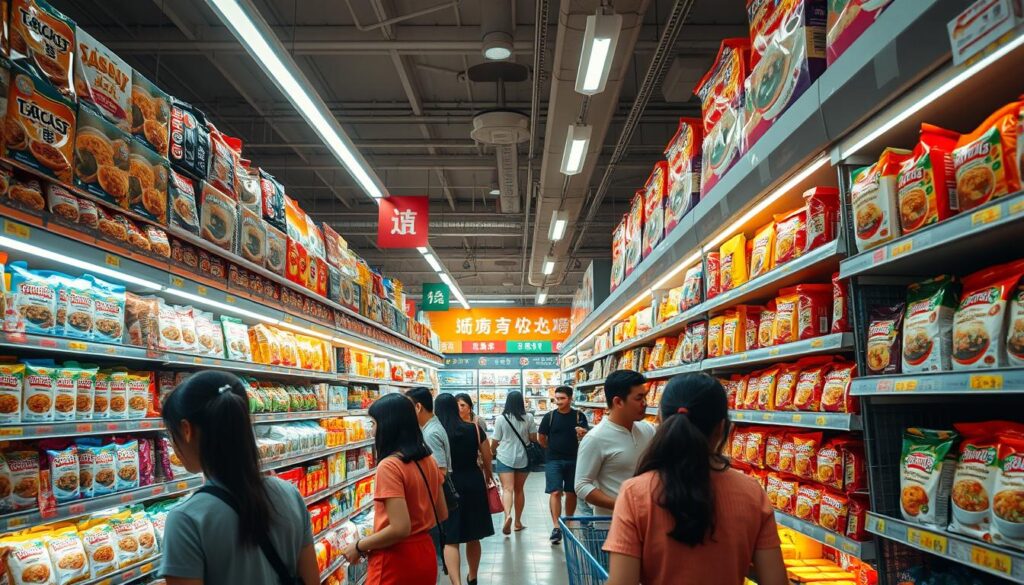 A bustling supermarket aisle in Singapore, bathed in warm, inviting lighting. Shelves stocked with an array of instant noodle brands, their vibrant packaging catching the eye. Shoppers peruse the selections, scrutinizing flavors and ingredients. The scene conveys a sense of convenience and abundance, capturing the essence of where to find the best instant noodles in this thriving city.