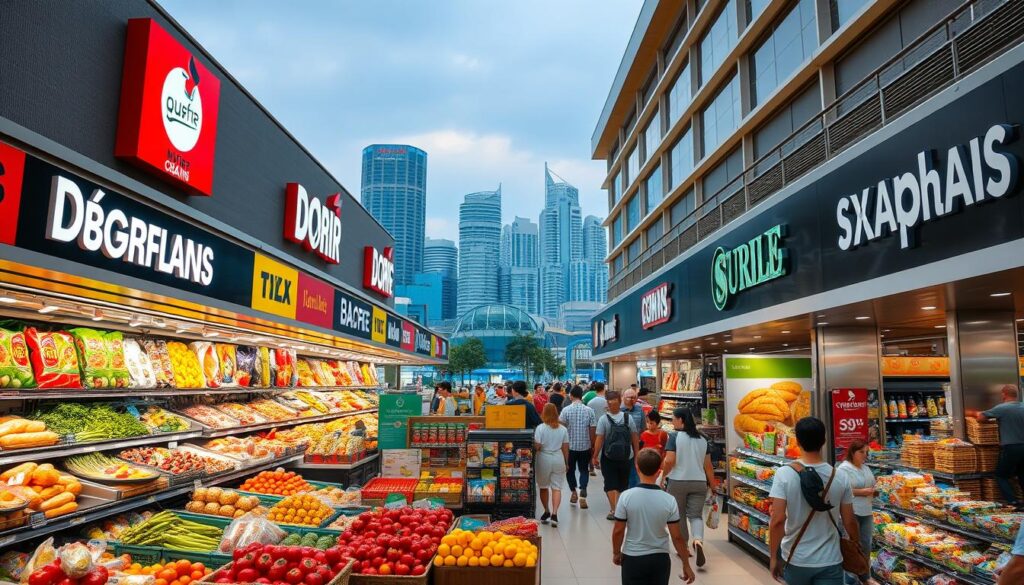 A bustling supermarket scene in Singapore, showcasing the major chains. In the foreground, bright signage and lively displays of fresh produce, meats, and packaged goods draw the eye. The middle ground features rows of well-stocked shelves and bustling shoppers, captured with a wide-angle lens to convey the scale and variety of the supermarkets. In the background, the modern architecture of the buildings and the vibrant city skyline create a sense of place. The lighting is natural and warm, casting an inviting glow over the entire scene. The overall atmosphere is one of efficiency, abundance, and the convenience of everyday shopping in Singapore's top supermarket destinations.