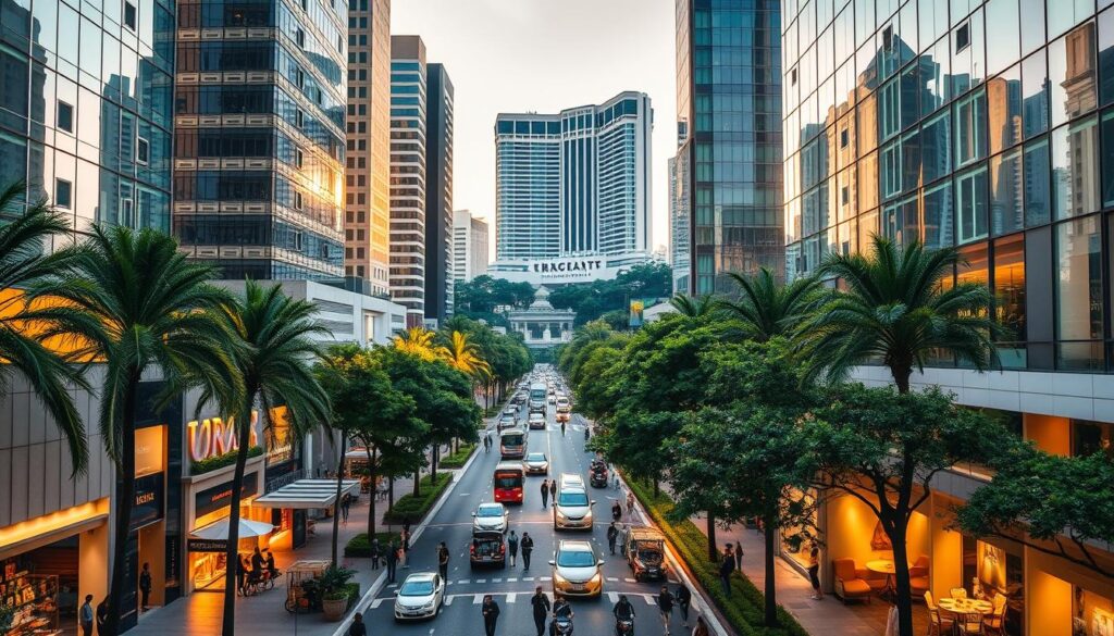 A bustling, upscale shopping district on Orchard Road, Singapore. Towering glass-and-steel skyscrapers line the wide, tree-lined avenue, casting long shadows across the bustling sidewalks. High-end boutiques, luxury department stores, and elegant cafes fill the lower floors, their inviting displays and warm lighting beckoning passersby. In the distance, the iconic Orchard Road landmark hotel stands tall, its grand facade and manicured gardens hinting at the opulent accommodations within. The scene is bathed in the golden glow of the afternoon sun, creating a sense of sophisticated elegance and affluence.