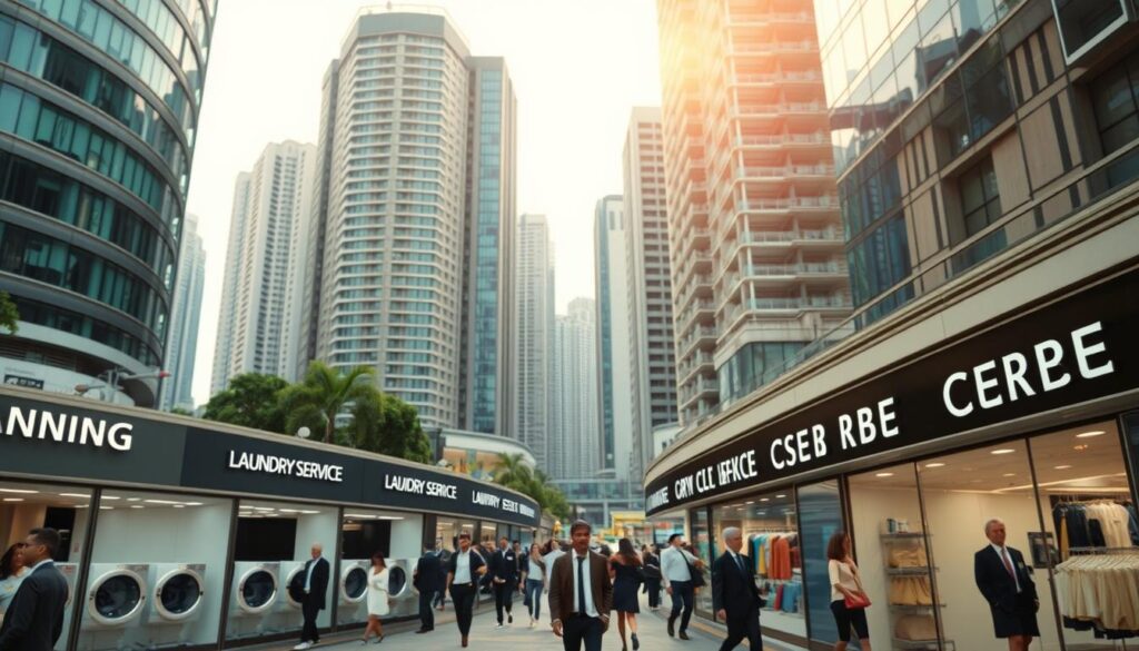 A bustling urban landscape of modern high-rise buildings, with the foreground featuring a row of neatly organized laundry service storefronts. The middle ground showcases well-dressed customers entering and exiting the establishments, while the background is a blur of pedestrians and traffic, creating a sense of energy and activity. The lighting is a warm, natural glow, casting a welcoming ambiance over the scene. The camera angle is slightly elevated, providing a comprehensive view of the top dry cleaning services in Singapore's vibrant commercial district.