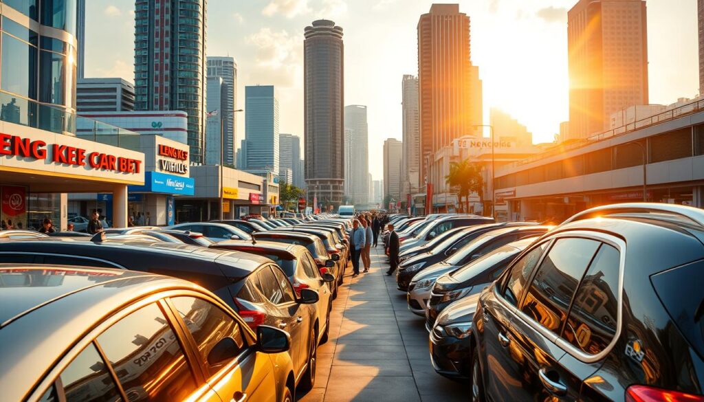 A bustling urban landscape, the Leng Kee Car Belt district shines with a vibrant array of car showrooms and dealerships. In the foreground, rows of gleaming sedans and SUVs beckon potential buyers, their reflections dancing across the polished chrome and tinted windows. The middle ground reveals a bustling sidewalk, lined with pedestrians and bustling with activity as shoppers explore the latest models. In the background, towering skyscrapers and modern architecture frame the scene, creating a sense of energy and modernity. Warm, golden sunlight filters through the cityscape, casting a soft glow over the entire district and highlighting the attention to detail in the car displays. The overall atmosphere conveys a sense of excitement and opportunity, perfectly capturing the essence of Singapore's top-rated second-hand car destination.