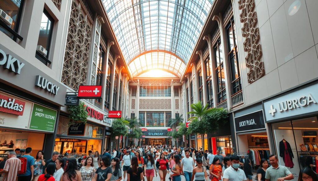 A bustling urban scene of Lucky Plaza, a renowned shopping destination in Singapore. The foreground showcases a diverse array of affordable clothing and accessory stores, their vibrant displays beckoning passersby. In the middle ground, a lively crowd navigates the lively walkways, immersed in the energetic atmosphere. The background features the distinctive architecture of the plaza, with its modern facades and intricate detailing bathed in warm, golden sunlight filtering through the skylight. A sense of exploration and discovery pervades the scene, inviting visitors to uncover hidden fashion gems amidst the bustling urban landscape.
