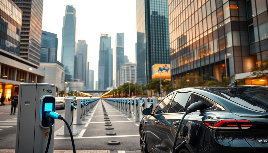 A bustling urban scene of Singapore's EV charging infrastructure. In the foreground, a sleek electric vehicle is plugged into a modern charging station, its sleek design and vibrant colors standing out against the background. In the middle ground, rows of similar charging stations dot the streetscape, their illuminated interfaces beckoning drivers. The background is filled with towering skyscrapers, their glass facades reflecting the city's dynamic energy. Warm, diffused lighting casts a pleasant glow over the entire scene, creating a sense of efficiency and progress. The composition emphasizes the integrated nature of EV charging in this forward-thinking metropolis.