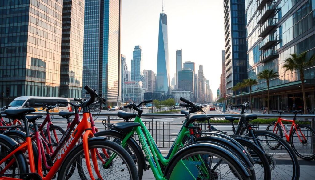 A bustling urban scene showcasing a fleet of sleek, modern city bikes ready for the daily commute. In the foreground, several bicycles in vibrant colors are neatly parked, their sturdy frames and wide tires hinting at their versatility in navigating city streets. The middle ground features a picturesque backdrop of towering skyscrapers, their glass facades reflecting the soft, warm lighting of the scene. In the background, a network of bike lanes and paths wind through the urban landscape, inviting cyclists to explore the city. The overall atmosphere conveys a sense of efficiency, convenience, and sustainability, perfectly capturing the essence of urban commuting.