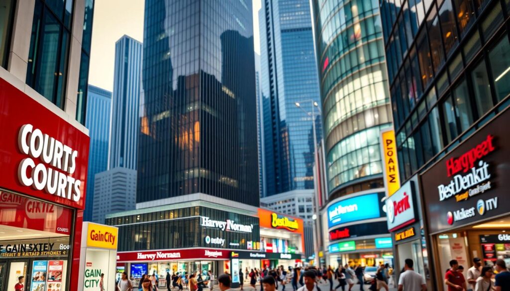 A bustling urban scene showcasing the storefronts of major electronics retailers in Singapore. In the foreground, the iconic red and white facade of Courts stands tall, its signage prominently displayed. Beside it, the sleek and modern design of Harvey Norman catches the eye, its glass windows reflecting the vibrant city surroundings. In the middle ground, other well-known brands like Gain City and Best Denki line the street, their neon-lit signs and vibrant displays inviting customers inside. The background is a blur of towering skyscrapers and busy pedestrians, capturing the energy and dynamism of Singapore's commercial heart. The lighting is a warm, golden hue, casting a welcoming glow over the entire scene.