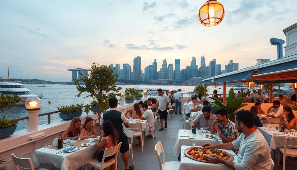 A bustling waterfront scene in Singapore, with a charming Greek restaurant overlooking the harbor. Warm Mediterranean-inspired decor, with whitewashed walls, blue accents, and lush potted plants. Diners enjoying al fresco dining under the evening sky, surrounded by the glow of string lights and the gentle lapping of waves. Servers move gracefully between tables, carrying platters of freshly grilled seafood and aromatic Greek dishes. In the background, the iconic Singapore skyline rises, its skyscrapers reflecting the colors of the setting sun. A serene, yet vibrant atmosphere, capturing the perfect blend of Hellenic charm and Singaporean urban sophistication.