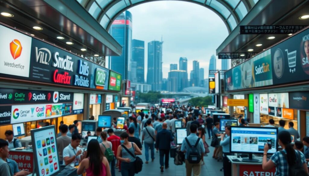 A bustling, well-lit digital marketplace, showcasing a variety of e-commerce platforms against a sleek, modern backdrop. The foreground features prominent brand logos and product icons, representing the diverse range of goods and services available. The middle ground displays various user interfaces and shopping experiences, highlighting the convenience and user-friendliness of these all-in-one platforms. In the background, a cityscape of skyscrapers and urban infrastructure suggests a thriving, dynamic Singaporean metropolis, setting the scene for the best online shopping opportunities. The overall atmosphere conveys a sense of efficiency, accessibility, and the seamless integration of technology into the shopping experience.