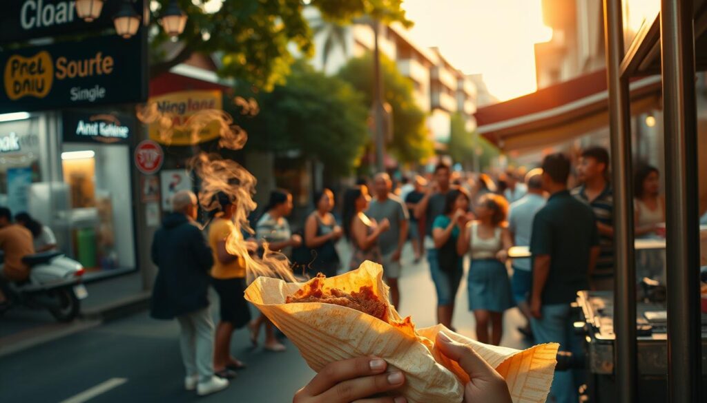 A busy Singapore street corner, bathed in warm golden light. In the foreground, a first-time shawarma customer eagerly unwraps their piping hot, fragrant wrap, steam curling upwards. The rich, savory aroma of spiced meat, sizzling on a rotating spit, fills the air. Middle-ground, patrons of diverse backgrounds dine al fresco, chatting animatedly. In the background, colorful shophouses and lush greenery create an inviting, lively atmosphere. A vintage-inspired, cinematic mood pervades the scene, capturing the excitement and delight of discovering Singapore's beloved shawarma culture. A busy Singapore street corner, bathed in warm golden light. In the foreground, a first-time shawarma customer eagerly unwraps their piping hot, fragrant wrap, steam curling upwards. The rich, savory aroma of spiced meat, sizzling on a rotating spit, fills the air. Middle-ground, patrons of diverse backgrounds dine al fresco, chatting animatedly. In the background, colorful shophouses and lush greenery create an inviting, lively atmosphere. A vintage-inspired, cinematic mood pervades the scene, capturing the excitement and delight of discovering Singapore's beloved shawarma culture.